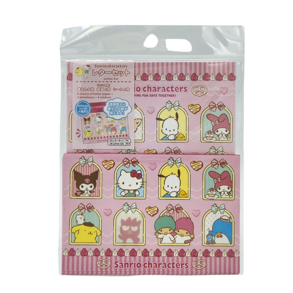 set da lettere con biglietti e busta sanrio characters sfondo rosa
